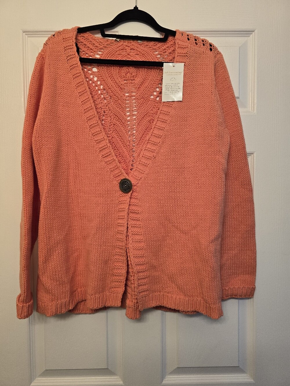 NWT Soft Surroundings Open Knit V‑Neck Crochet Back One Button Cardigan - Coral